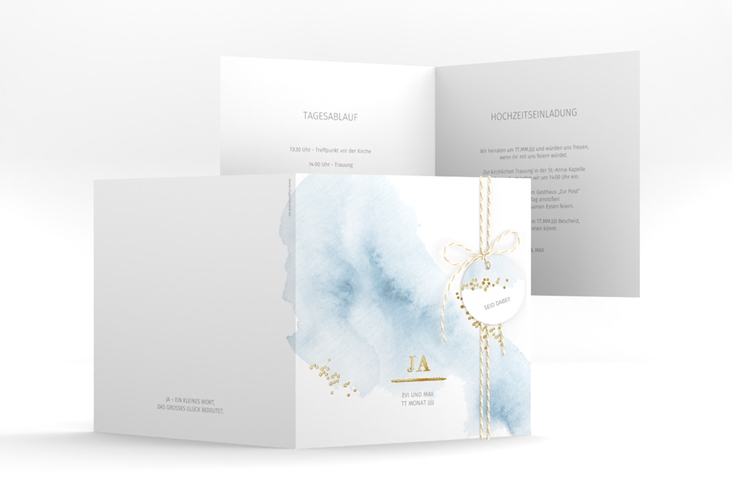 Hochzeitseinladung Pastell quadr. Klappkarte blau gold