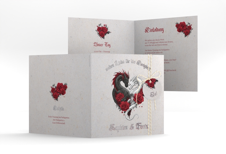 Hochzeitseinladung Drachenliebe quadr. Klappkarte grau silber