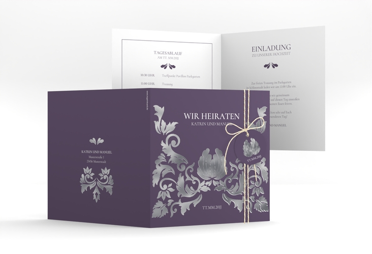 Hochzeitseinladung Royal quadr. Klappkarte lila silber mit barockem Blumen-Ornament