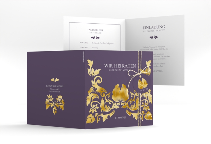 Hochzeitseinladung Royal quadr. Klappkarte lila gold mit barockem Blumen-Ornament