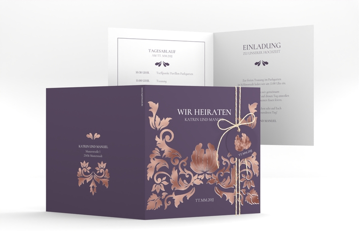 Hochzeitseinladung Royal quadr. Klappkarte lila rosegold mit barockem Blumen-Ornament