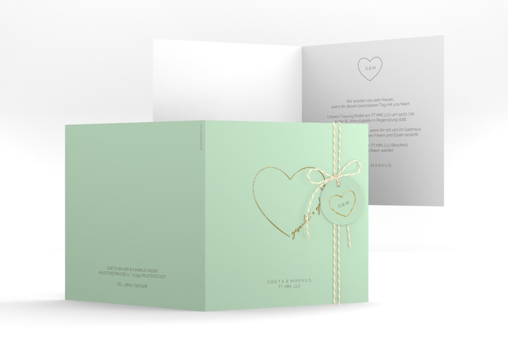 Hochzeitseinladung Lebenstraum quadr. Klappkarte mint gold