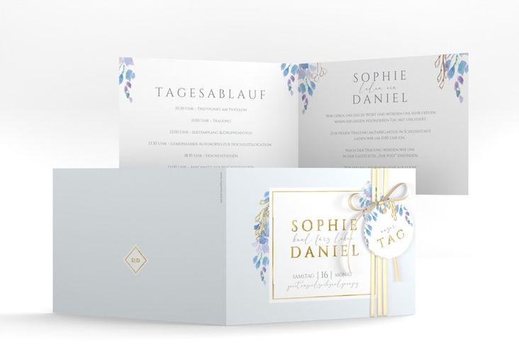 Hochzeiteinladung Blauregen A6 Klappkarte quer gold mit Wisteria-Blüten