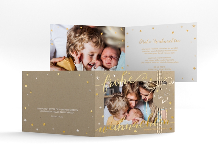 Weihnachtskarte Sternenlicht A6 Klappkarte quer gold in Kraftpapier-Optik mit Foto