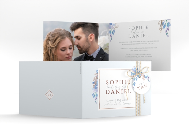 Hochzeiteinladung Blauregen A6 Klappkarte quer rosegold mit Wisteria-Blüten