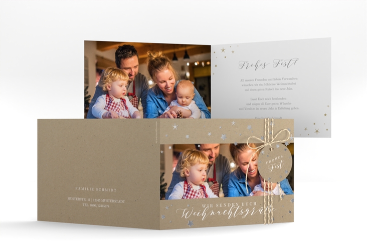 Weihnachtskarte Sternennacht A6 Klappkarte quer silber mit Sternchen und Familienfoto
