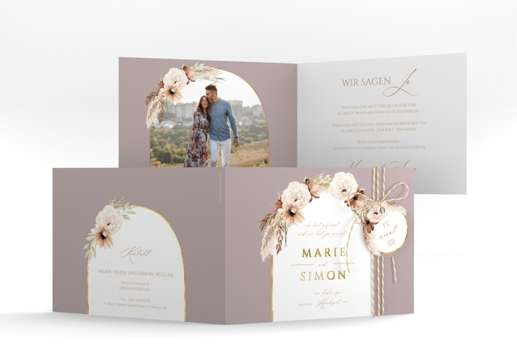 Hochzeitseinladung Blumenbogen A6 Klappkarte quer gold