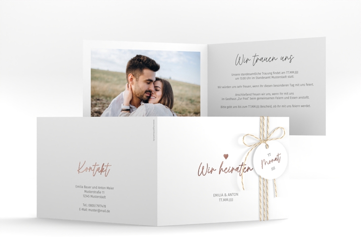 Hochzeitseinladung Herzschlag A6 Klappkarte quer rosegold schlicht und elegant mit Herzchen