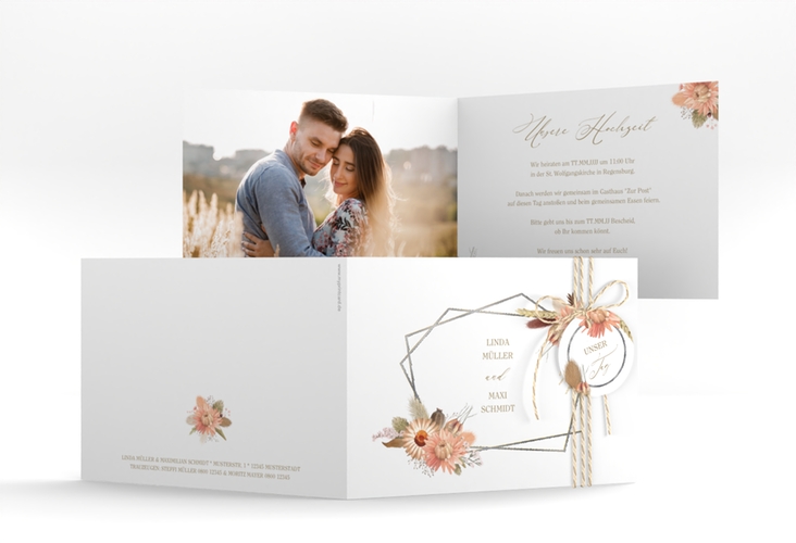 Hochzeitseinladung Strohblume A6 Klappkarte quer silber