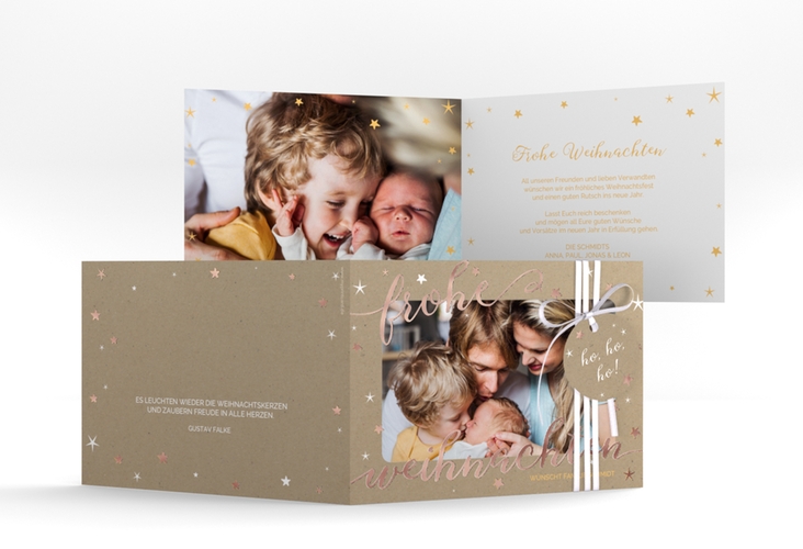 Weihnachtskarte Sternenlicht A6 Klappkarte quer rosegold in Kraftpapier-Optik mit Foto