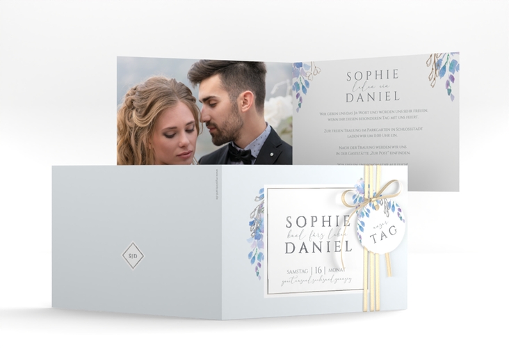 Hochzeiteinladung Blauregen A6 Klappkarte quer silber mit Wisteria-Blüten