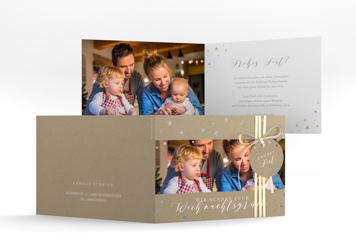 Weihnachtskarte Sternennacht A6 Klappkarte quer silber mit Sternchen und Familienfoto