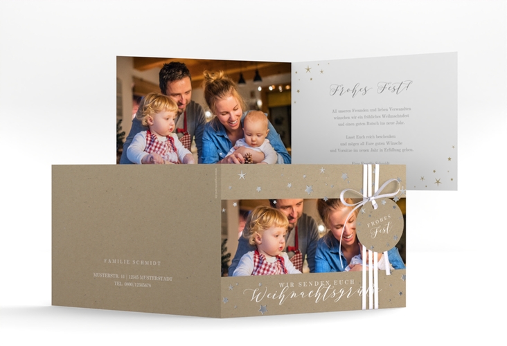 Weihnachtskarte Sternennacht A6 Klappkarte quer silber mit Sternchen und Familienfoto