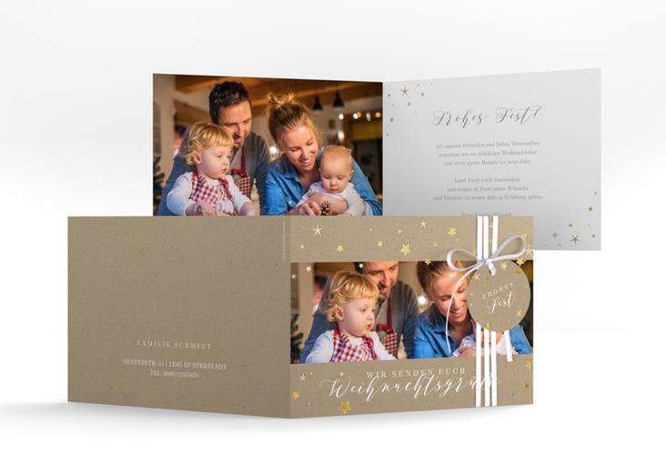 Weihnachtskarte Sternennacht A6 Klappkarte quer gold mit Sternchen und Familienfoto