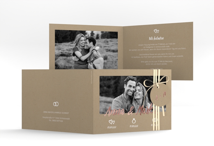 Hochzeitseinladung Icons A6 Klappkarte quer rosegold in Kraftpapier-Optik mit Foto