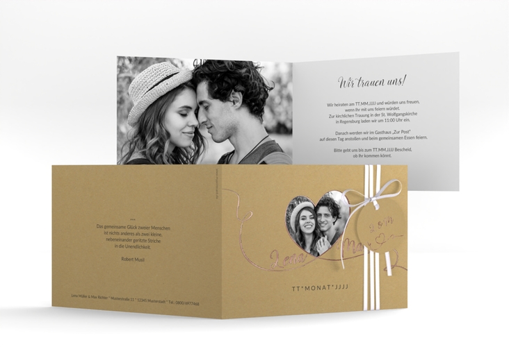 Hochzeitseinladung Herzensbund A6 Klappkarte quer rosegold