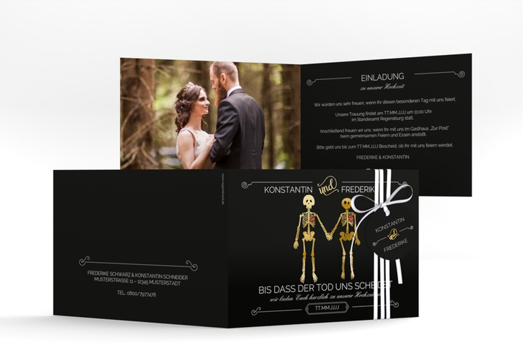 Hochzeitseinladung Bones A6 Klappkarte quer gold
