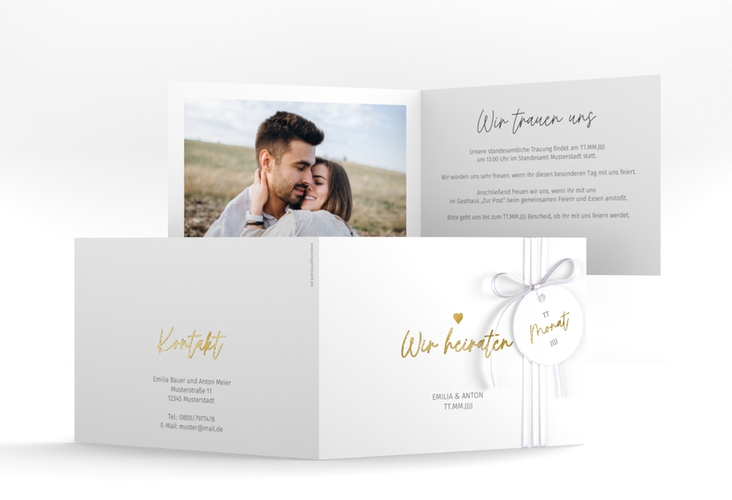 Hochzeitseinladung Herzschlag A6 Klappkarte quer gold schlicht und elegant mit Herzchen