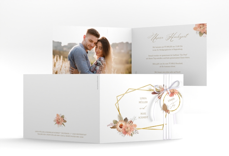 Hochzeitseinladung Strohblume A6 Klappkarte quer gold