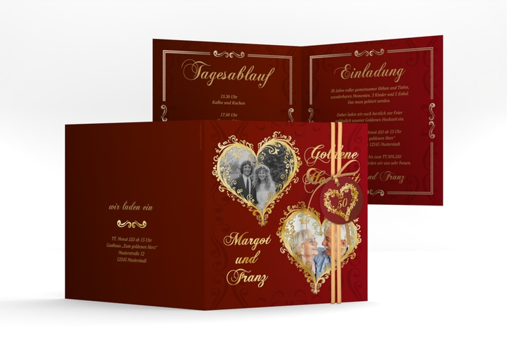 Hochzeitseinladung Goldene Hochzeit quadr. Klappkarte rot gold
