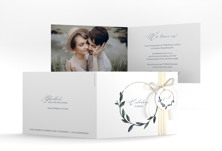 Hochzeitseinladung Botanica A6 Klappkarte quer rosegold