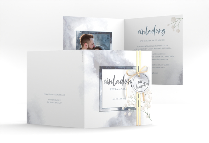 Hochzeitseinladung Winter quadr. Klappkarte blau silber mit Schleierkraut