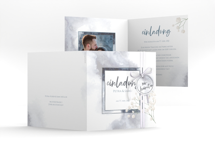 Hochzeitseinladung Winter quadr. Klappkarte blau silber mit Schleierkraut