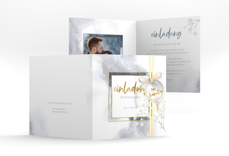 Hochzeitseinladung Winter quadr. Klappkarte blau gold mit Schleierkraut