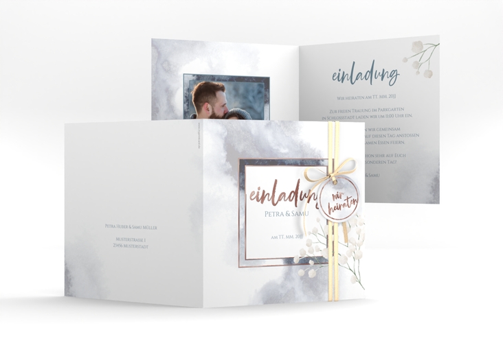 Hochzeitseinladung Winter quadr. Klappkarte blau rosegold mit Schleierkraut