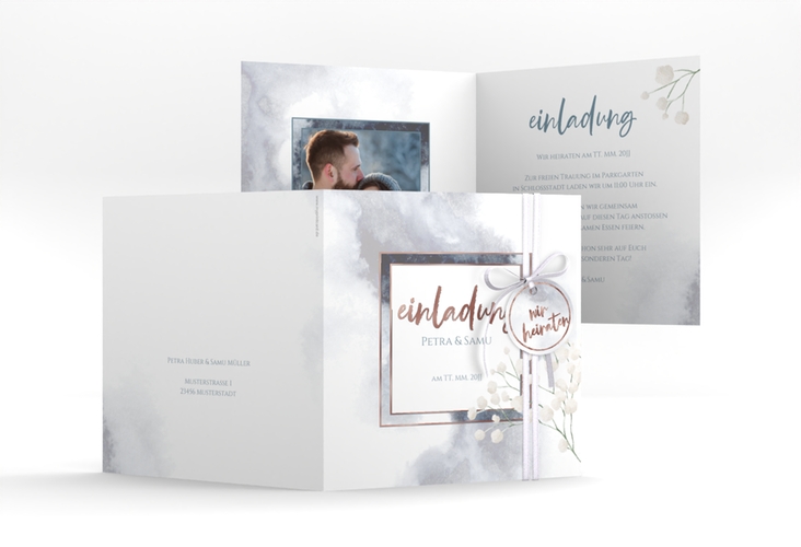 Hochzeitseinladung Winter quadr. Klappkarte blau rosegold mit Schleierkraut