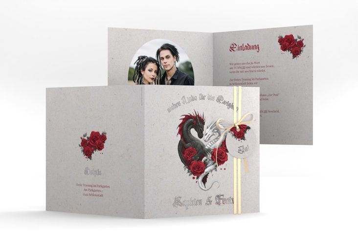Hochzeitseinladung Drachenliebe quadr. Klappkarte grau silber