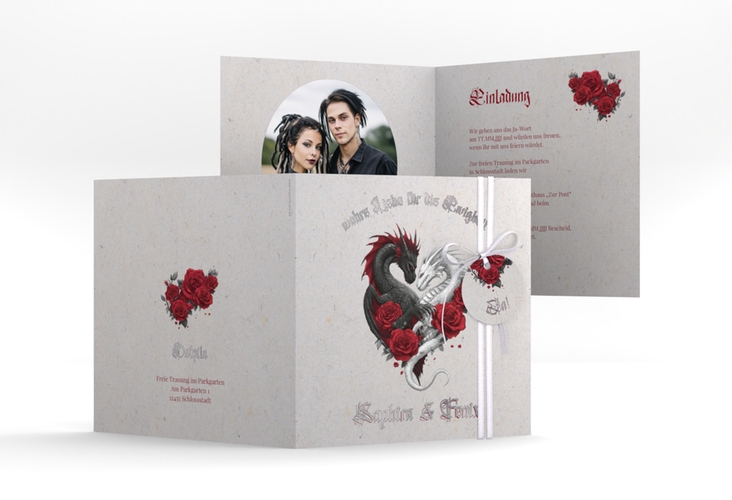 Hochzeitseinladung Drachenliebe quadr. Klappkarte grau silber