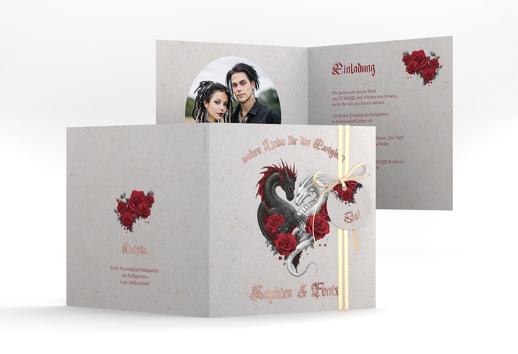 Hochzeitseinladung Drachenliebe quadr. Klappkarte grau rosegold