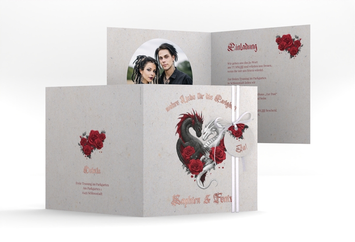 Hochzeitseinladung Drachenliebe quadr. Klappkarte grau rosegold