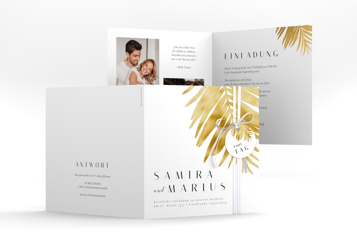 Hochzeitseinladung Palmenblatt quadr. Klappkarte gold gold mit Palmenwedel
