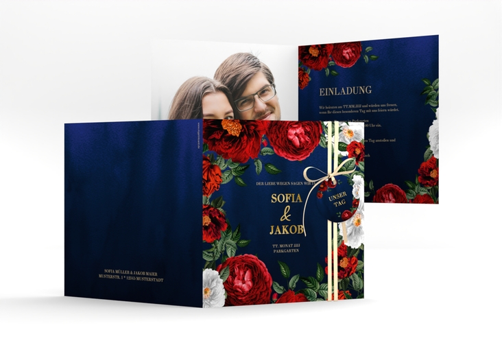 Einladungskarte Hochzeit Florista quadr. Klappkarte blau gold