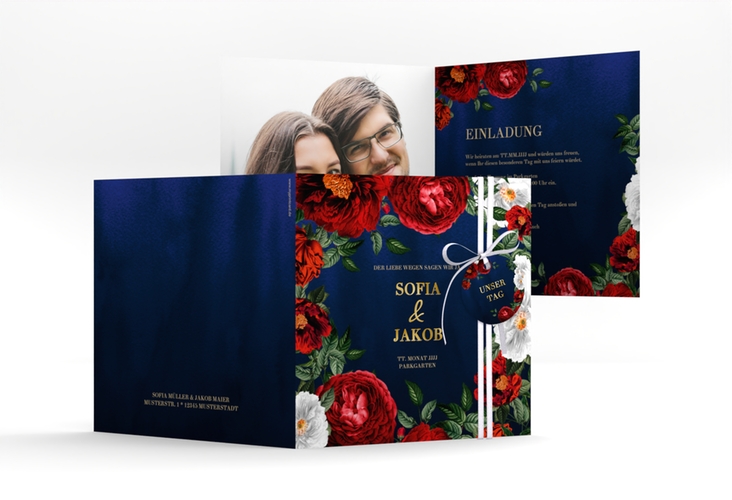 Einladungskarte Hochzeit Florista quadr. Klappkarte blau gold