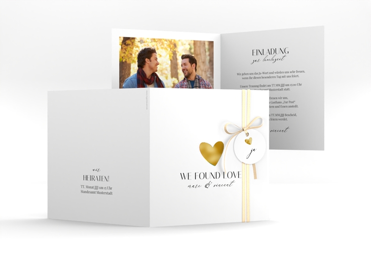Hochzeitseinladung Liebesbote quadr. Klappkarte bunt gold