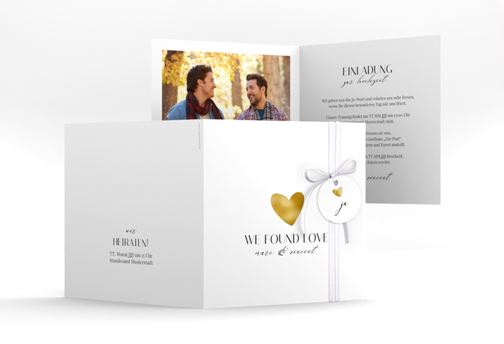 Hochzeitseinladung Liebesbote quadr. Klappkarte bunt gold