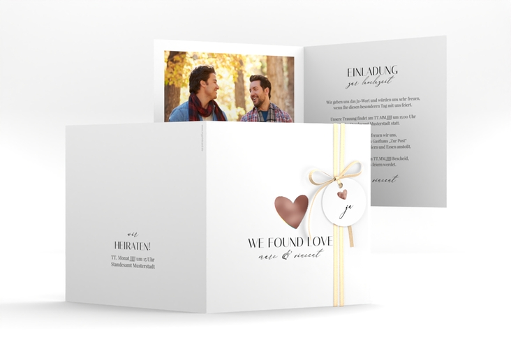 Hochzeitseinladung Liebesbote quadr. Klappkarte bunt rosegold