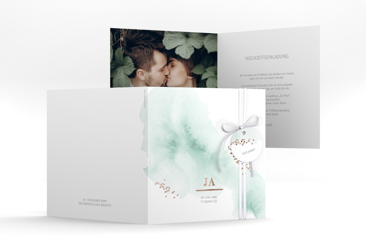 Hochzeitseinladung Pastell quadr. Klappkarte mint rosegold