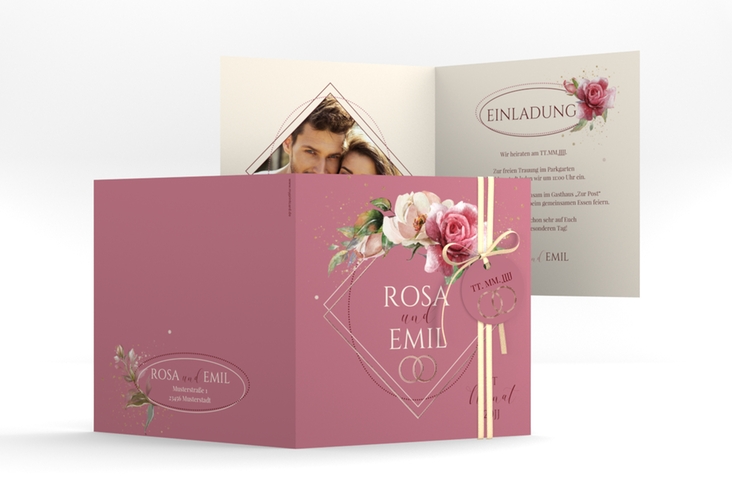 Hochzeitseinladung Rosenbogen quadr. Klappkarte rosa rosegold