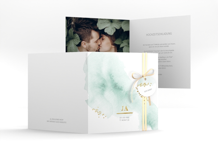 Hochzeitseinladung Pastell quadr. Klappkarte mint gold