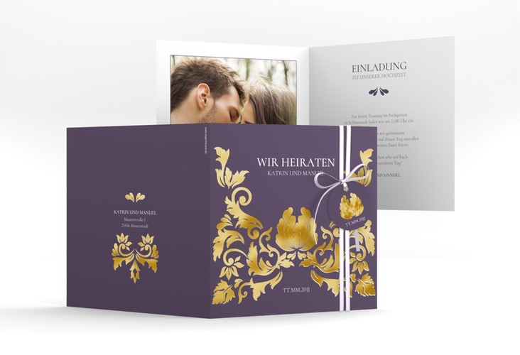 Hochzeitseinladung Royal quadr. Klappkarte lila gold mit barockem Blumen-Ornament