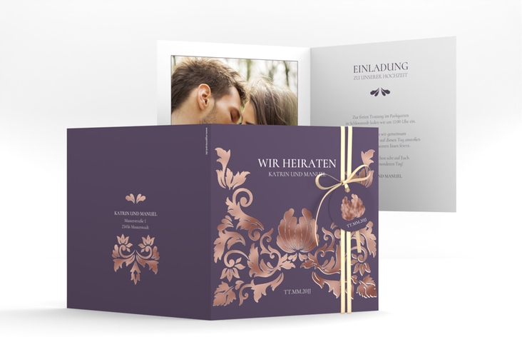 Hochzeitseinladung Royal quadr. Klappkarte lila rosegold mit barockem Blumen-Ornament