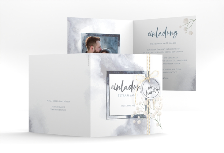 Hochzeitseinladung Winter quadr. Klappkarte blau silber mit Schleierkraut