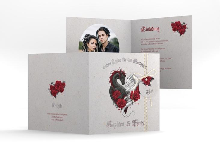 Hochzeitseinladung Drachenliebe quadr. Klappkarte grau silber