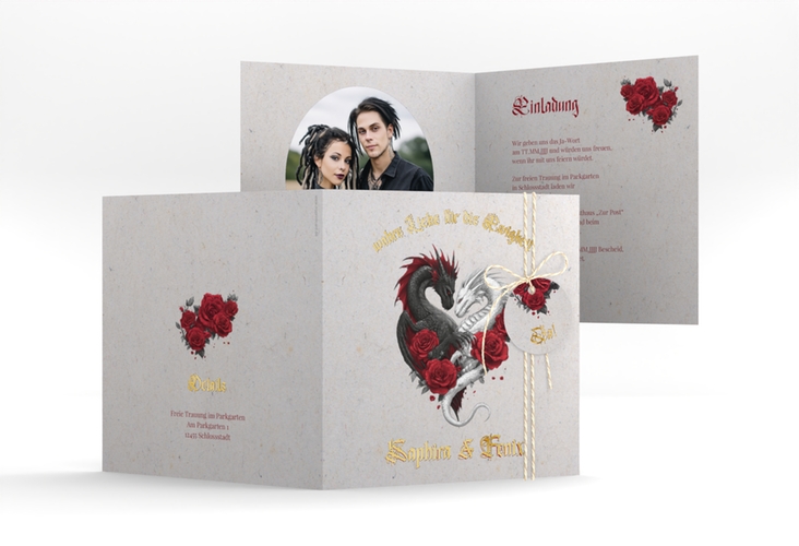 Hochzeitseinladung Drachenliebe quadr. Klappkarte grau gold