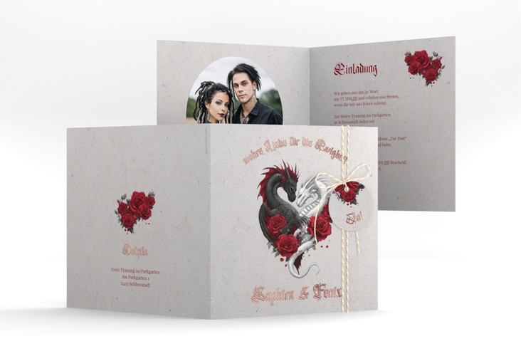 Hochzeitseinladung Drachenliebe quadr. Klappkarte grau rosegold