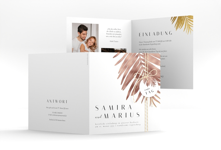 Hochzeitseinladung Palmenblatt quadr. Klappkarte gold rosegold mit Palmenwedel